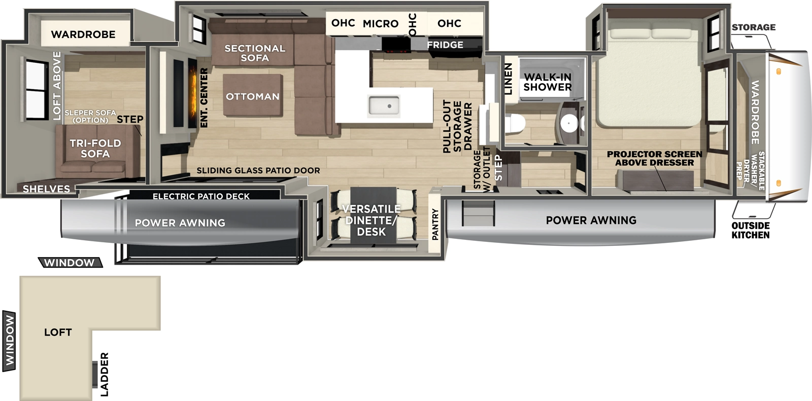 The Sabre 37RVMILES floorplan has one entry and four slide outs. Exterior features include: fiberglass exterior and 12' & 16' awning. Interiors features include: free-standing dinette option and front bedroom.